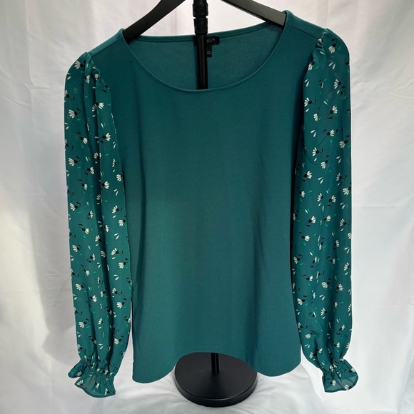 Ann Taylor Teal Blouse with White/Black Floral Sheer Balloon Sz Small - Picture 3 of 6